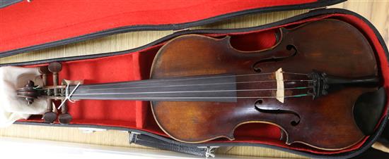 A 19th century violin, with single piece back, stamped Aubert to the bridge, L 365cm (body)